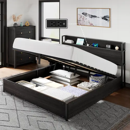 AMERLIFE Lift Up Storage Bed Frame, Wooden Platform Bed Frame with Lifting Storage & Charging Station, No Spring Box Needed/Noise Free/Best Gift Ideas/Christmas Gifts[tiktokshopbacktoschool][SohoChic]