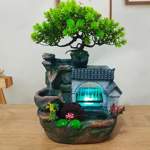 CNCEST Desktop Mini LED Waterfall Fountain - Resin Figure, Rock Plant Accent, Modern Statue, Stress Relief Meditation Ornament, Women's Gifts, US Standard Office Home Decor, Cool Room Decor, Aesthetic Room Decorations,dorm decor,dorm room decor