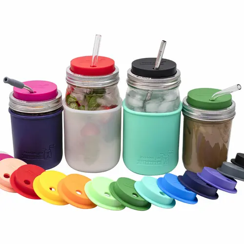 Silicone Straw Hole Tumbler with Stainless Steel Band for Mason Jars