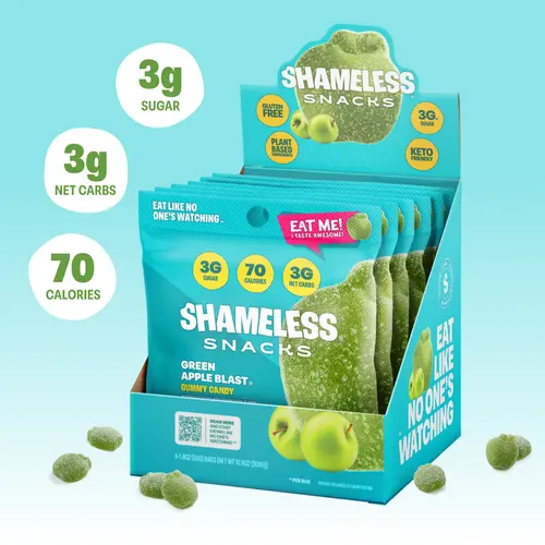 Shameless Snacks Green Apple Blast - Low Calorie Candy, Low Carb Keto Gummies (Gluten Free Snack) Dietary Fiber Fruit Flavored