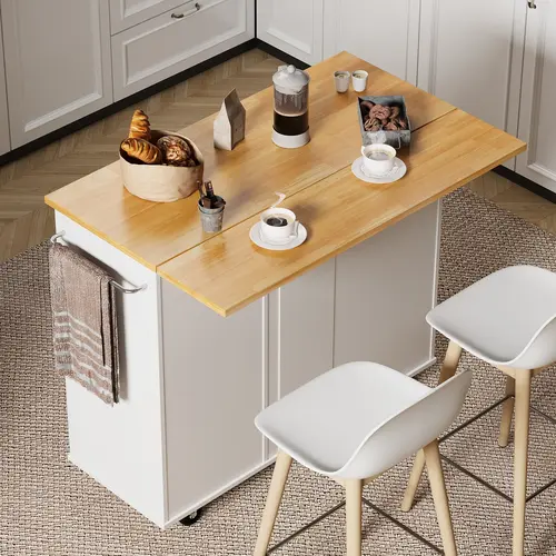 Walsunny Rolling Kitchen Island with Foldable Drop Leaf,  Adjustable Organiser Storage Cabinet with Cart Handle for Towel Rack, Portable Island, White