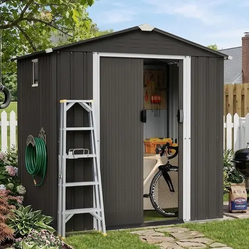 Walsunny Steal Garden Shed, Outdoor Storage Tool with Window Durable Shed with Gabled Roof & Slant Roof for Outdoor Use, Thick Steel Plates & Lockable Door