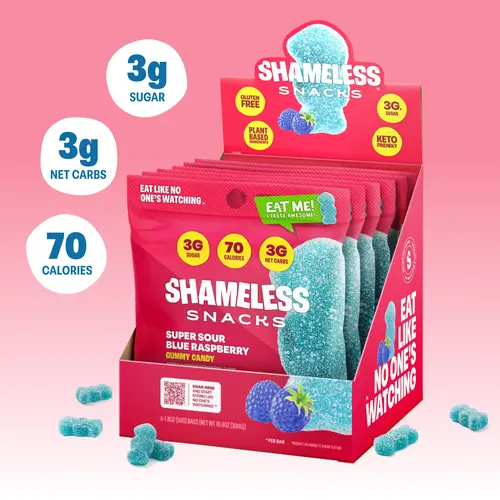 Super Sour Blue Raspberry - Keto & Vegan Gummies (6 Bags), 3g Net Carbs, 3g Sugar, Gluten-Free, 70 calories per bag, sweet snack Fruit Candy