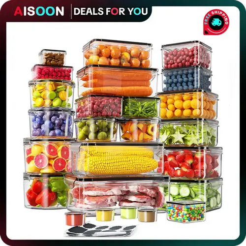 AISOON 50 PCS Reusable Stackable Kitchen Food Storage Containers Set - Airtight Canister Food Storage, 85oz Large Square & Round BPA-Free Polypropylene, Anti-Leak Freezer-to-Microwave, Leakproof Seal Keeps Pantry Tidy, Washable, Labels & Marker Organizer,
