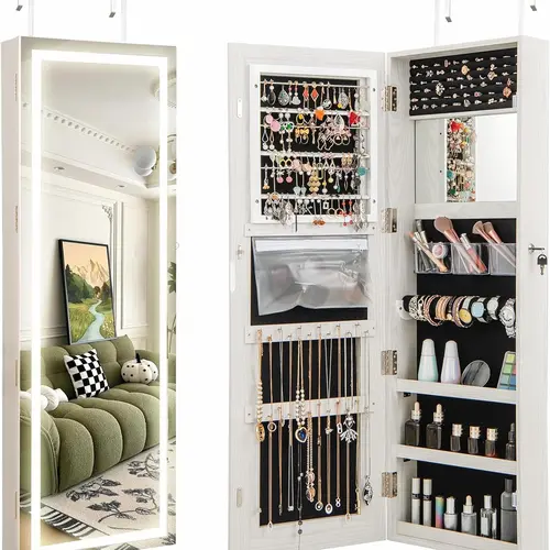 [Valentine’s Day Gift] COSTWAY Jewelry Cabinet Armoire Door Wall Mount, Lockable Touch Screen Lighted Full Length Mirror, 3 Lighting Settings, Inside Makeup Mirror, Jewelry Storage Box Organizer