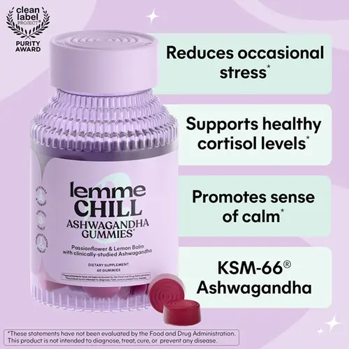 Lemme Chill Stress Relief Gummies with 300mg KSM-66 Ashwagandha, Lemon Balm, Passionflower & Goji to Support Relaxation, Healthy Cortisol & Sleep - Gluten-Free, Non-GMO, Mixed Berry (60 Count)