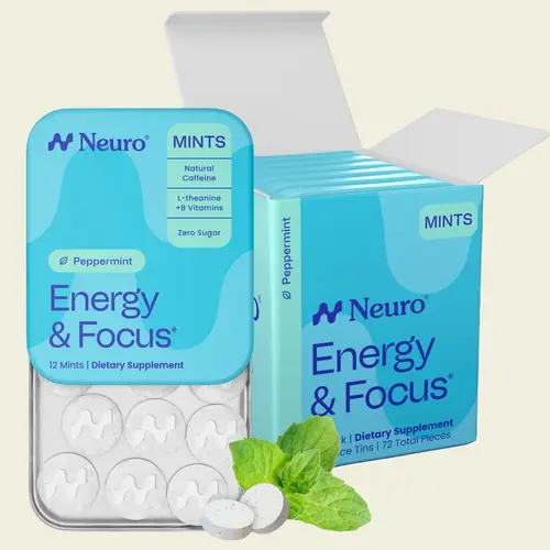 Neuro Peppermint Energy & Focus Mints - Sugar Free with Natural Caffeine, L-theanine, Vitamin B12 & Vitamin B6