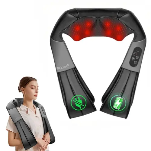 Nekteck Cordless Shiatsu Neck & Back Massager with Heat - 8 Nodes, 3 Intensity Levels, Rechargeable Battery, Ergonomic Design for Pain Relief, Gifts for Father Mother Friend