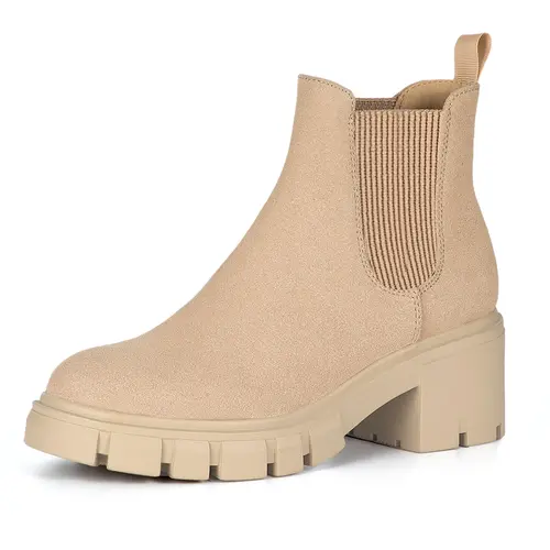 Athlefit Women's Chelsea Booties - Women's Shoes, Footwear, Shoe, Chunky Heel, Slip-On, Elastic Ankle, Lug Sole, Comfortable Heels, Leaf-Crunch Grip