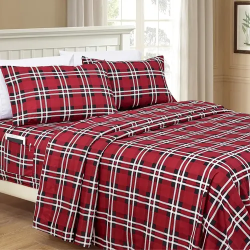 Elegant Comfort 6-Piece Plaid Pattern Bed Sheet Set - Ultra Soft Hotel Quality with Deep Pocket Fitted Sheet & Smart Storage Pockets for Year-Round Comfort