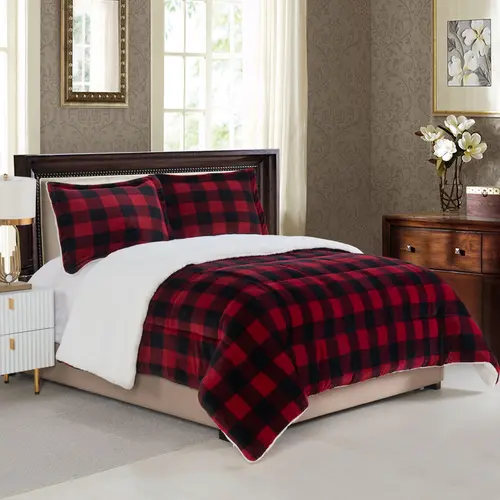 Elegant Comfort 3-Piece Buffalo Lodge-Plaid Micro-Suede Sherpa Comforter Set – Reversible Rustic Warm Bedding