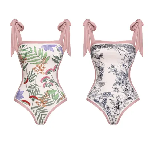 Aprilake Women's One Piece Swimsuit Square Neck Double Side Print Reversible Tie Shoulder Summer Vintage Swimsuit