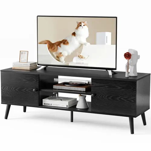 【Deal】SweetFurniture Adjustable Mid-Century Style Console TV Stand - 55-60 in TV Fit, 2 Storage Cabinets, 3-Level Shelf, Floor-Safe Pads, Wood Multimedia Centre for Living Room