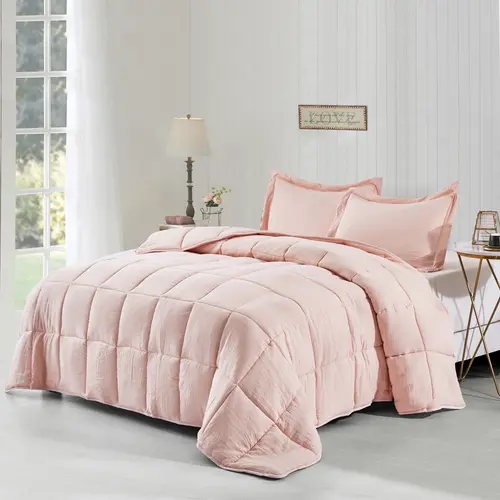 HIG 3pc Prewashed All Season Down Alternative Comforter Duvet Insert-Box Stitched -Natural Wrinkle-250GSM Fiberfill Chic Farmhouse Style Bedding