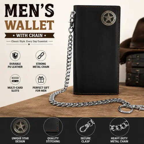Men's Western Biker Cowboy Leather Wallet - RFID Blocking Bifold, Chain-Attached, Card Slots, Durable, Father's Day Men's Accessory, Wallet with Chain