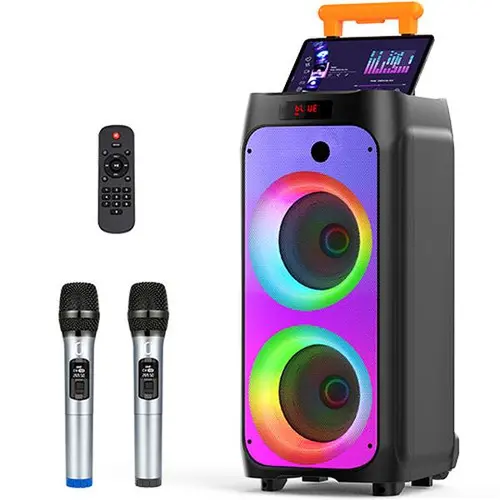 JYX T8 500W Audio Karaoke Speaker with 2 Wireless Microphones, Bluetooth Connection, Smartphone Support, Built-in Lights, Rechargeable Design, USB & Card Compatibility - Father's Day Gift