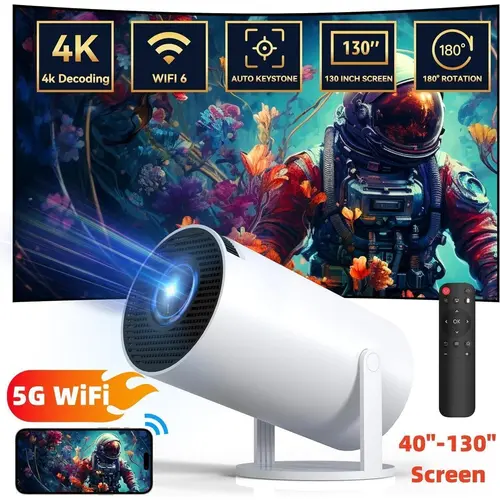 【BackToSchool】 Mini Projector HY300 PRO, 4K/200 ANSI, Auto Keystone, 2.4/5G WiFi, BT 5.0, 130" Screen, 180° Flip, Round Design, Portable Home Video Projector,for Valentine’s Day Gift