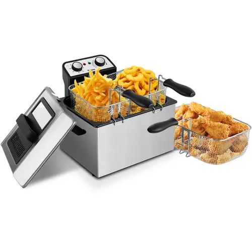 SUSTEAS Chrome Electric Deep Fryer with 3 Nonstick Baskets, 5.2 QT Oil Capacity, Cool Touch Sides, 1800W Immersed Heating Element, Adjustable Temperature (265°F to 375°F) with Absolute Control, Easy to Clean Fryer Fries Maker for Home Use