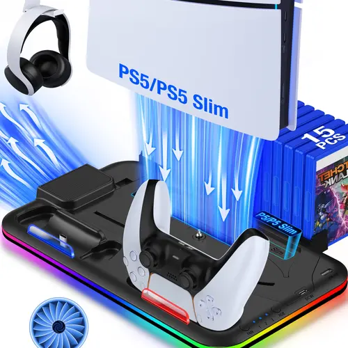 ESYWEN Cooling Stand and Controller Charging Station for PS5 Slim Console Disc/Digital, Headset Holder, 15 Game Slot for Playstation 5
