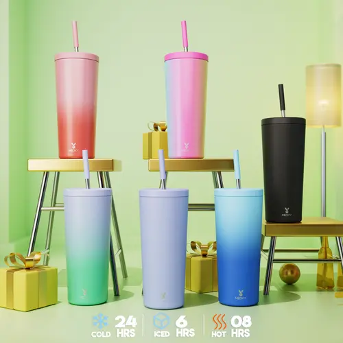 MEOKY 24oz (680ml) Portable Double Wall Insulated Stainless Steel Car Tumbler - Sporty Shape, 24-Hour Thermal Retention, Double-Mouth Design, Non-Slip Base, Blue & Pink Gradient Coffee Mug #backtoschool#backtoschoolseason Stainless Steel Drinkware