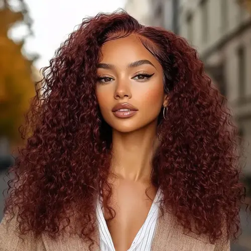 UNICE Unisex Reddish Brown Afro Kinky Jerry Curly Human Hair Wig, Glueless 7x5 Pre-Cut Lace Wig for Beginners, 180% Density, Pre-Bleached Knots, Natural Hairline, Heat Resistant