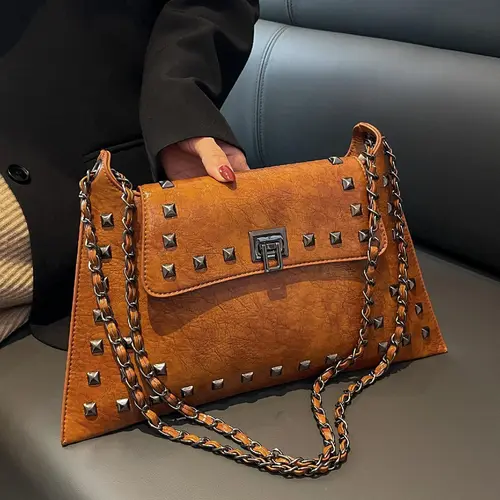 Women's Rivet Decor Casual Shoulder Bag, Solid Color Bag for Daily Use, Daily Commuting Bag, Shopping Bag, Everyday Crossbody Bag, Crossbody Bags, PU Leather Bag