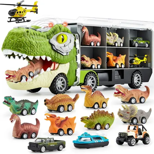 JOYIN 17inch 13 in 1 Dinosaur Transport Carrier Truck Set with 12 Pull Back Cars & 3 Die-cast Vehicles for Kids 3+ Year Old Boys Tyrannosaurus Truck & Triceratops Truck