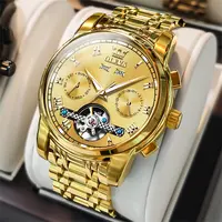 OLEVS G6607 Men's Automatic Mechanical Watch Full Gold Stainless Steel Skeleton Tourbillon Luxury Business Dress Wristwatch Waterproof Luminous Calendar Year Month Week Day Date Multi Dial Analog Male Clock Perfect Birthday Father's Day Gift Box Set