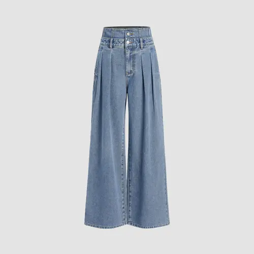 Cider Double High Rise Solid Button Wide Leg Jeans