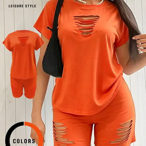 Women's Sexy Hollow Out T-Shirt and Shorts Set, Soft High Stretch Fitted Fabric, Casual Basic Slim Fit, Short Sleeve, Plain Pattern, Two Piece, Matching Outfit, Top, Womenswear, Clothes