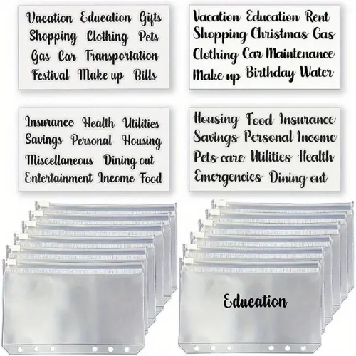 A6 Clear Zip Envelope Set, 12 Binder Pockets and 4 Self-Adhesive Label Stickers, Sticker Sheets for Budget Planning and Cash Budget Binders