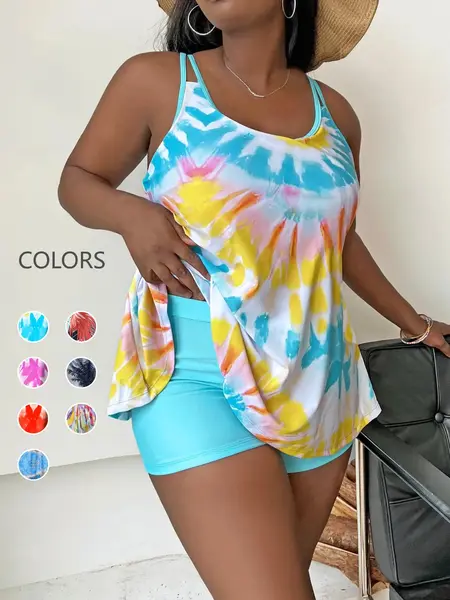 【Plus Size】 Tie Dye Print Cami Top & Shorts Summer Tankinis Set, Summer Clothes, Casual Sleeveless Spaghetti Strap Top & Shorts, Women's Plus Size Swimsuit