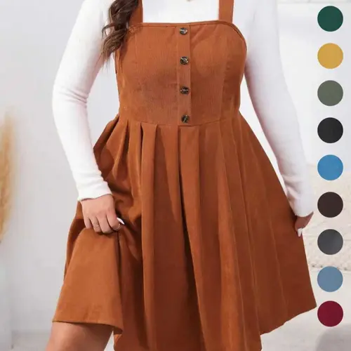 Plus Size Button Decor Pleated Pinafore A-Line Dress, Casual Sleeveless Tank Dresses for Fall & Winter Daily Wear Holiday, Women's Clothes, without Sweater