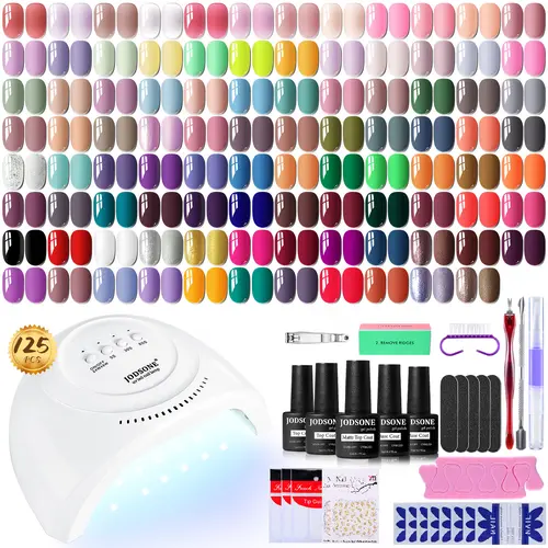JODSONE 100 Bottles of Gel Nail Polish Kit with U V Led Light 95 Multiple Glossy Glitter Colors Mint Green Light Pink Nail Gel Base Coat Glossy and Matte Top Coat Gel Polish Kit