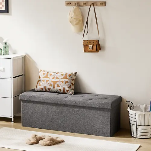 SweetFurniture Foldable Storage Ottoman Bench - Multifunctional Stool, Multipurpose Furniture, Linen Fabric, Padded Seat, End of Bed/Entryway Seating Solution