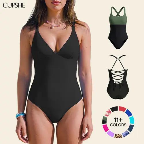 【Restocked】CUPSHE One-Piece Swimsuit: Plunging V Neck Sculpting Tummy Control Bathing Suit Swimswimsuits Swimwear with Adjustable Lace-Up Back (Size XS-3XL) Swimoutfit Bathing suit #summerfinds