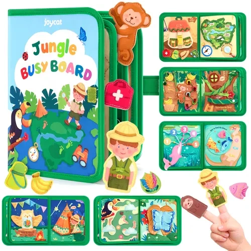 JoyCat Jungle Developmental Activity Board - Preschool Learning Tool for Toddlers 2-4, Portable Cloth Busy Board with 25 Adventure Activities, Farm Animal Themes, Buckles, Matching, Velcro Play for Fine Motor Skills, Problem-Solving Travel Practice, Gift,