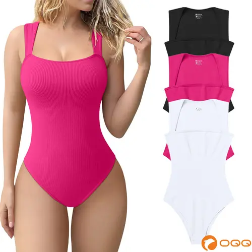 OQQ Women's 3 Piece Ribbed Bodysuits - Sexy Square Neck Sleeveless Tank Top Design - Stretchy  Soft Womenswear Underwear Lady Comfort Trendy,back to school,back to school shopping,clothes for back to school,first day of school outfits