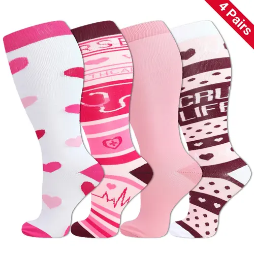 Isunie 4 Pairs Plus Size Compression Socks,  for Men & Women, Durable, Breathable & Comfortable for Work, Travel, Walking & Everyday Wear