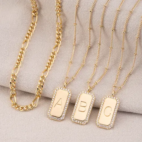 Fettero Women's Dainty Layered Initial Alphabet Necklace, Gold-Plated Figaro Chain with Cute Square-Rectangle Letter Pendant, Letters Artificial Gemstone Necklaces & Pendants, Elegant Choker Jewelry for Summer Deals