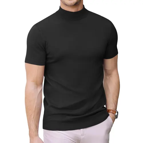 COOFANDY Mens Mock High Neck Sweater Short Sleeve Solid Color T-Shirts Basic Slim Fit Knitted Pullover Tees Casual Classic Menswear Festival Top Knitwear