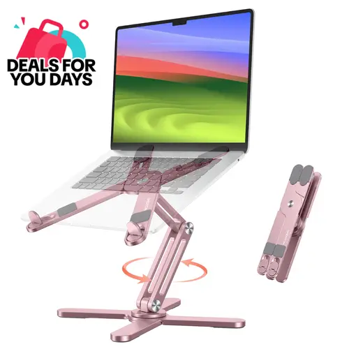 OMOTON 360° Swivel Adjustable Height Laptop Stand with Non-Slip Pads, All-Metal Foldable Portable Cooling Ergonomic Stand & Tray, Fits 11-16 in MacBook, iPad, Android Tablets & Laptops for Office, Home Desk, Adjustable Height Laptop Stands & Trays