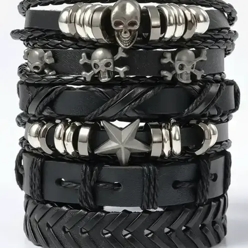 Unisex Street-Style PU Leather Braided Bracelet Set, 6 pcs/set Bracelet Bundle, Trendy Vintage Drawstring Matching Bracelets, Chic Goth Jewelry Gift for Parties, Stackable Bracelets, Stacked Design Bracelets, Adjustable Bracelets