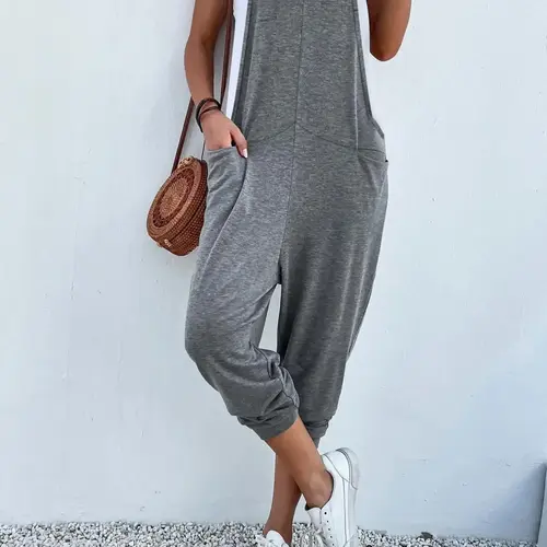 Plus Solid Dual Pocket Keyhole Neckline Cami Knitted Jumpsuit Without Tee, Casual Sleeveless Jumpsuit For Spring & Summer & Fall, Women's Clothes For Daily Wear