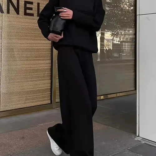 Women's Solid Turtleneck High Neck Tops & Wide Leg Pants Set, Loose Cozy Stretchy Long Sleeve Top & Trousers for Daily Casual Occasion Wear, Fall Clothes, 2 Piece Set, Knit Casual Set
