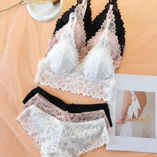 Women's Sheer Lace Underwear Set, Elegant Romantic Adjustable Strap Wireless Bra & Bow Decor Panty Set, Women's Lingerie Set, Womenswear