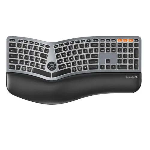 ProtoArc EK01 Plus Backlit Ergonomic Keyboard - Full-Size Sculpted Split Bluetooth Wireless Keyboard with Dual Bluetooth, USB-C Socket, Cushioned Wrist Rest, Rechargeable, Compatible with Windows/Mac/Android, Ergonomic Keyboards, Sculpted Ergonomic Keyboa