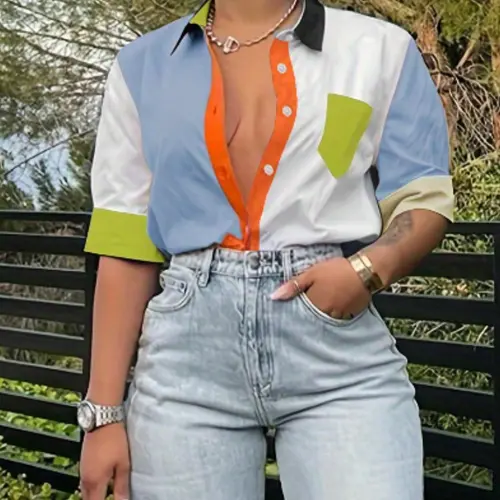 Women's Colorblock Pocket Button Front Shirt, Blouse, Button Closure Top, Summer Clothes for Women, Casual Fitted Collared Half Sleeve Top for Summer, Women's Clothes for Daily Wear, Casual Trendy Shirt, Casual Chic Top
