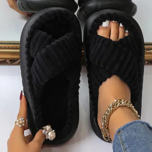 Women's Criss Cross Design Plush Slippers, Casual Soft Comfortable Non-slip Thick Bottom Slippers for Indoor and Outdoor Wear, Bedroom Slippers for Fall & Winter, Footwear