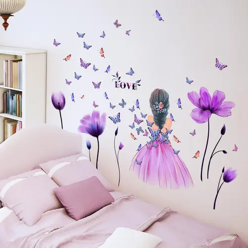 Set of 4 Tulip Girl Butterfly Wall Stickers, Decorative Sticker, Bedroom Room Decorations, Home Decor, Decorative Decal, Wall Art Stickers, MS1596, Ca Prop 65 Compliant, No Ca Prop 65 Warning